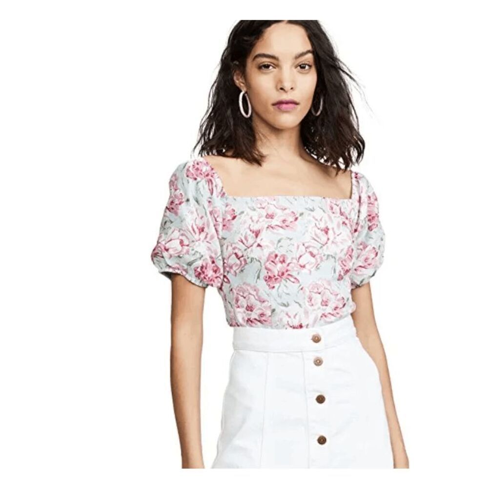 Wayf Altona Linen Blend Cropped Bustier Top Puff Sleeves Elastic Back Size Xs